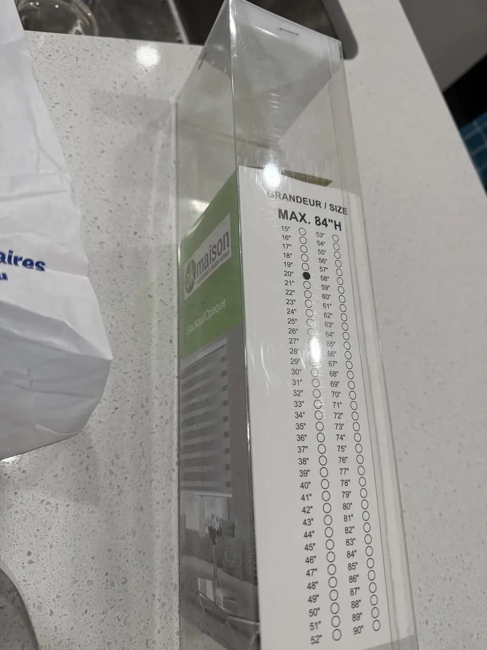 Package label for the narrower zebra blind used in the Montreal condo project