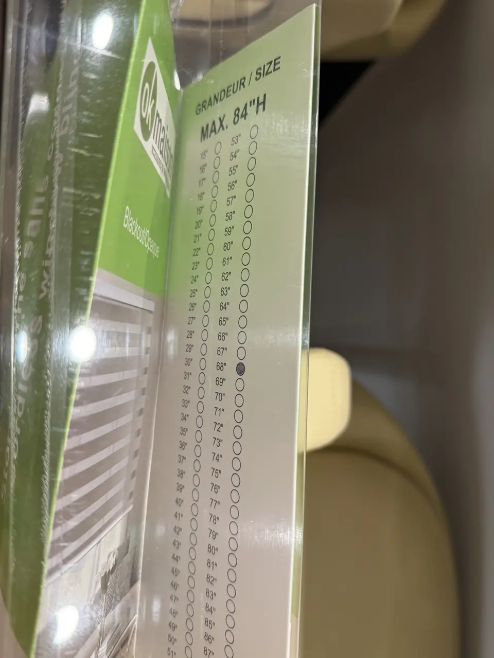Package label for the wider zebra blind used in the Montreal condo project